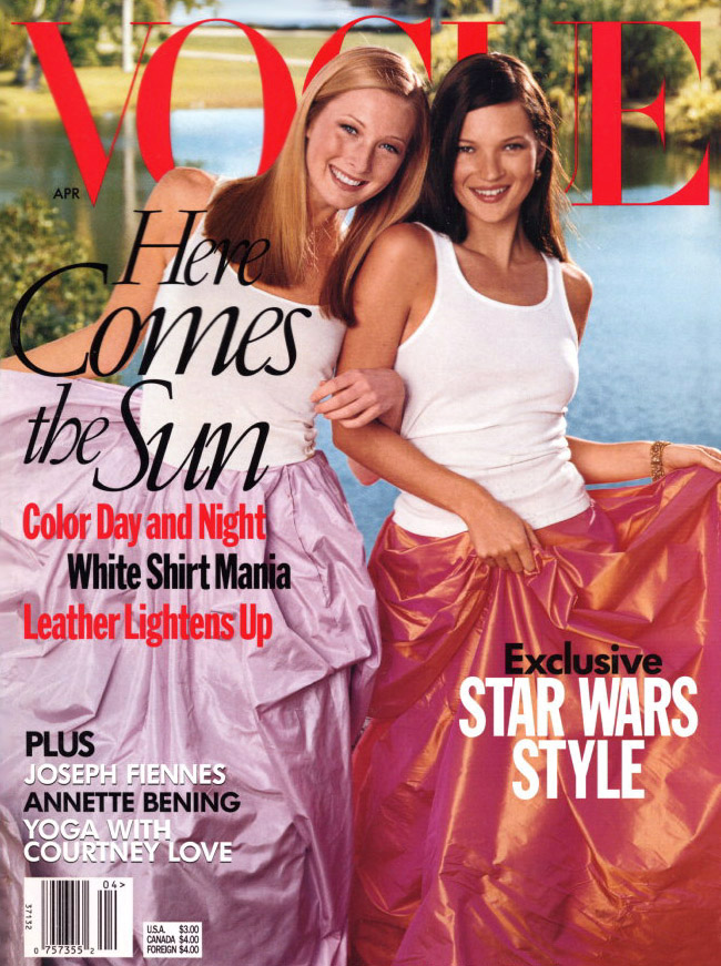 Maggie Rizer and Kate Moss on the cover of American Vogue, April 1999 Photo found on:  http://4.bp.blogspot.com/_Ztsg6UnCDtY/TED6Q8D67oI/AAAAAAAAAGQ/xPT_UFo8tqA/s1600/bc0f53a177f0f1c3_Vogue_April_1999_-_Kate_Moss.jpg